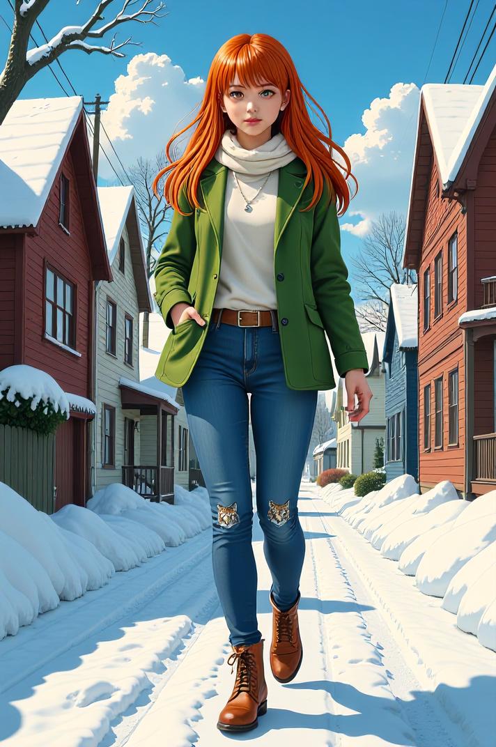 anime style masterpiece,best quality , Rachel orange hair, winter