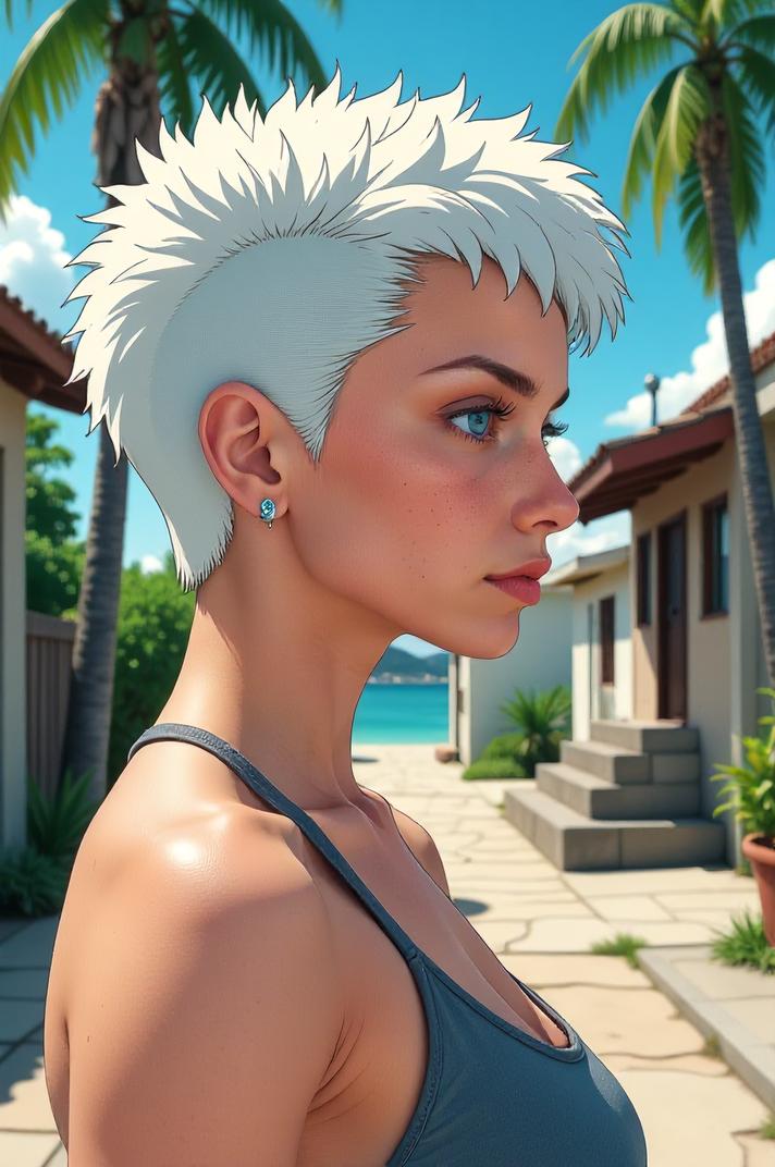 Anime style s Tetra from Blade Runner universe, Mohawk Flat titanium white hair, summer, perspective shot