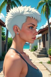 Anime style s Tetra from Blade Runner universe, Mohawk Flat titanium white hair, summer, perspective shot