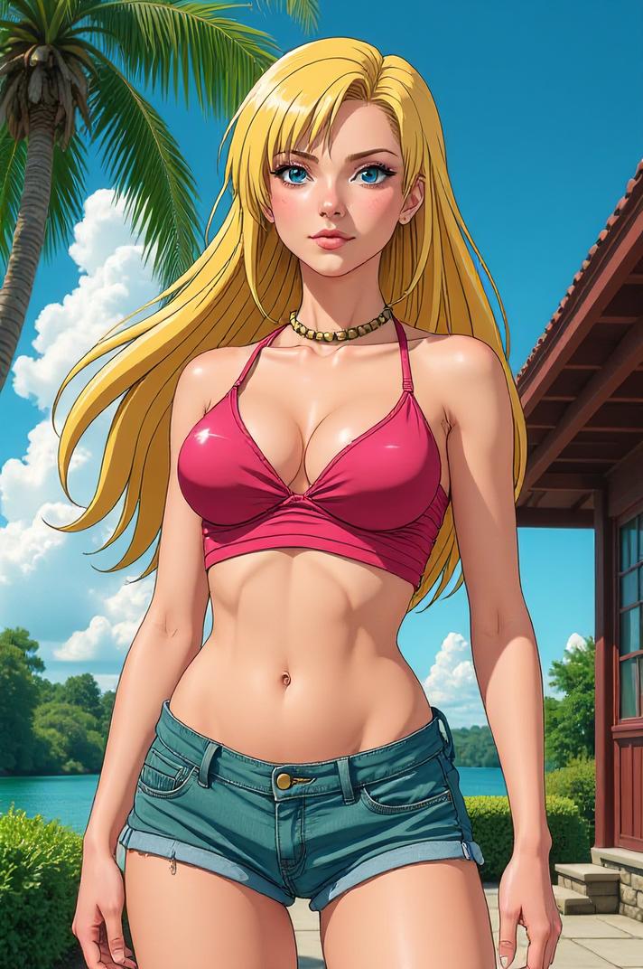 Anime style s Roseate Spoonbill from Mortal kombat universe, Rachel khaki hair, summer, perspective shot