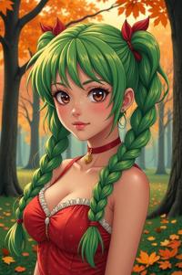 Anime style s American Alsatian from Moulin Rouge universe, Pony Tail Braids green hair, autumn, shoulder level shot