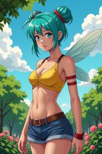 Anime style s Hornet from The Witcher universe, Bun Curly cyan hair, summer, hip level shot