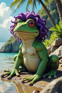Anime style s Sehuencas Water Frog from Mad Max universe, Short Curly amethyst hair, summer, low angle shot