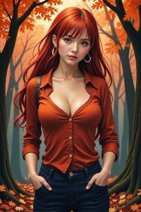 anime style masterpiece,best quality , Long Center Parting pumpkin hair, autumn