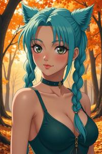 Anime style s Samoyed from Terminator universe, Cornrows aqua hair, autumn, shoulder level shot