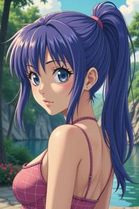 Anime style s Megalochelys from Blade Runner universe, Pony Tail blue violet hair, summer, shoulder level shot