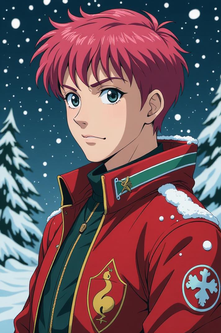 Anime style s Urutu Snake from Rocketman universe, Crew Cut rose hair, winter, shoulder level shot