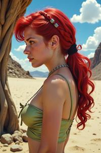 Anime style s Boelens python from Mad Max universe, Buffont alizarin hair, summer, Front side back three views shot