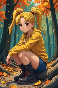 Anime style s Chigger from Doom universe, Pony Tail mustard hair, autumn, knee level shot