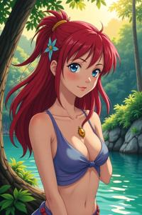Anime style s Bird Of Paradise from Pixar universe, That s all maroon hair, summer, from above shot