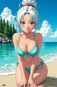 anime style masterpiece,best quality , Center Parting aqua hair, summer