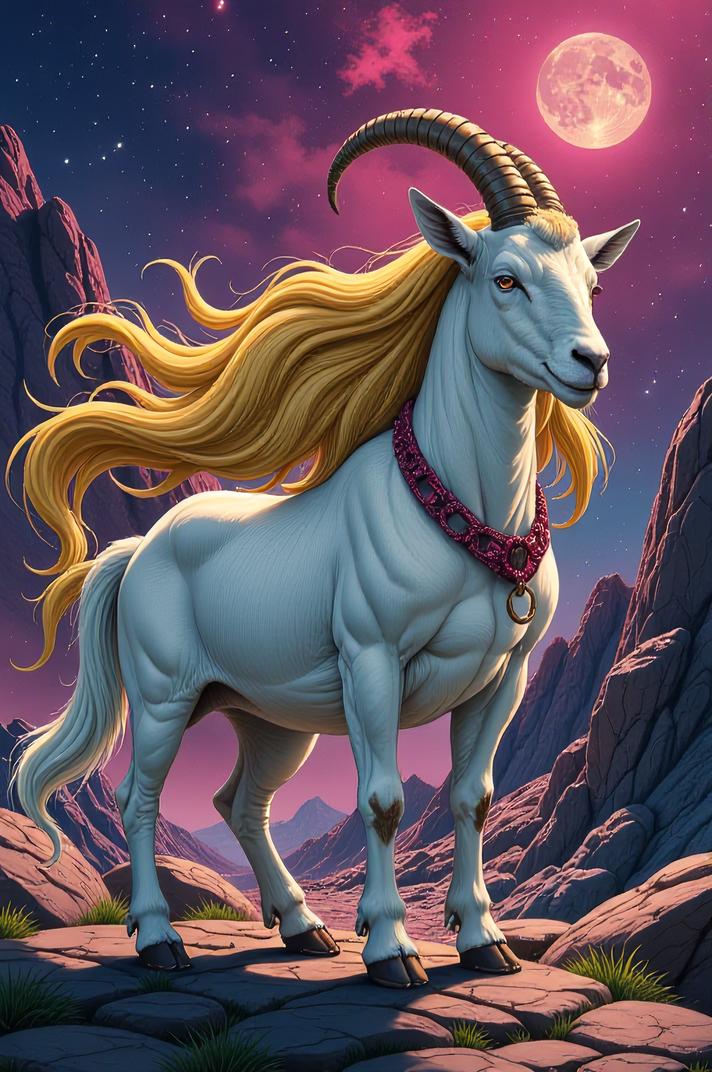 Anime style s Pygora Goat from Matrix universe, Long brass hair, spring, full body shot
