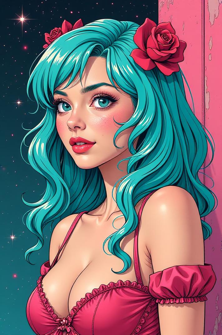 Anime style s Springerdoodle from Moulin Rouge universe, Grungey Parted cyan hair, spring, looking away shot