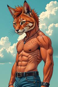 Anime style s Bobcat from Blade Runner universe, Mohawk Short russet hair, summer, full body shot
