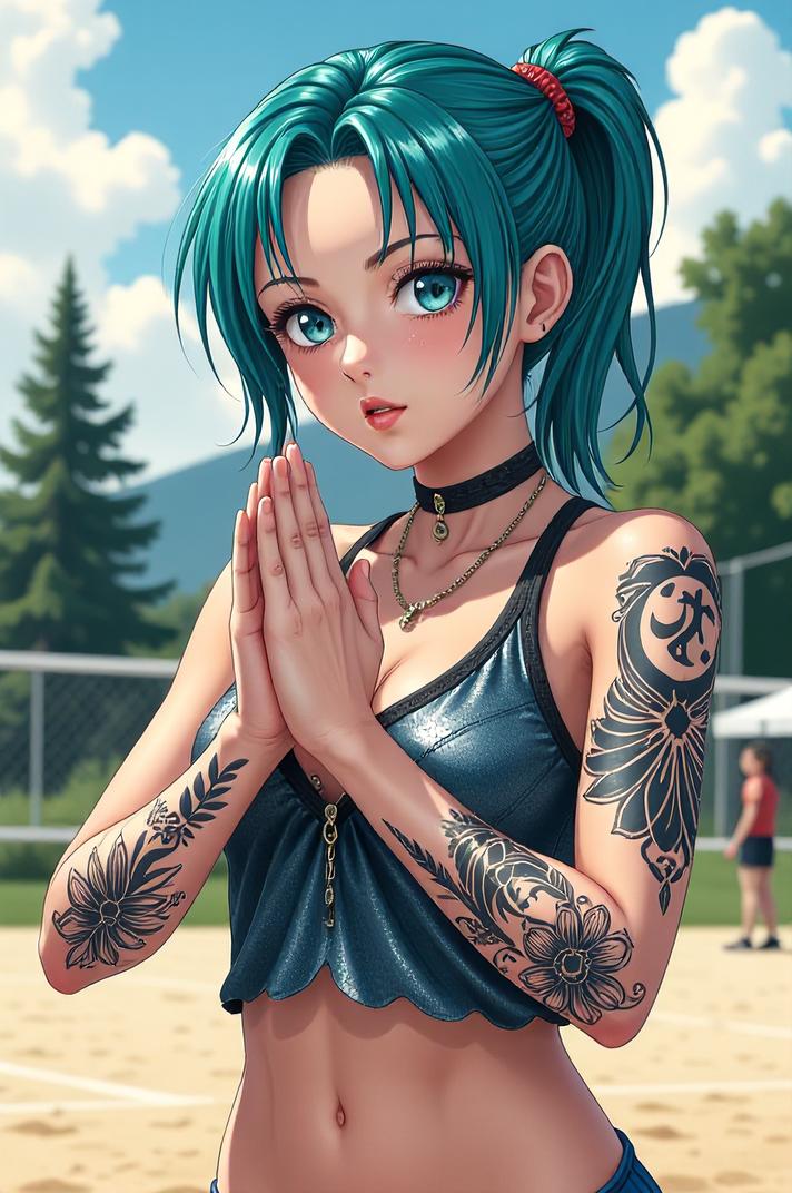 anime style masterpiece,best quality , Left Parting azure hair, summer
