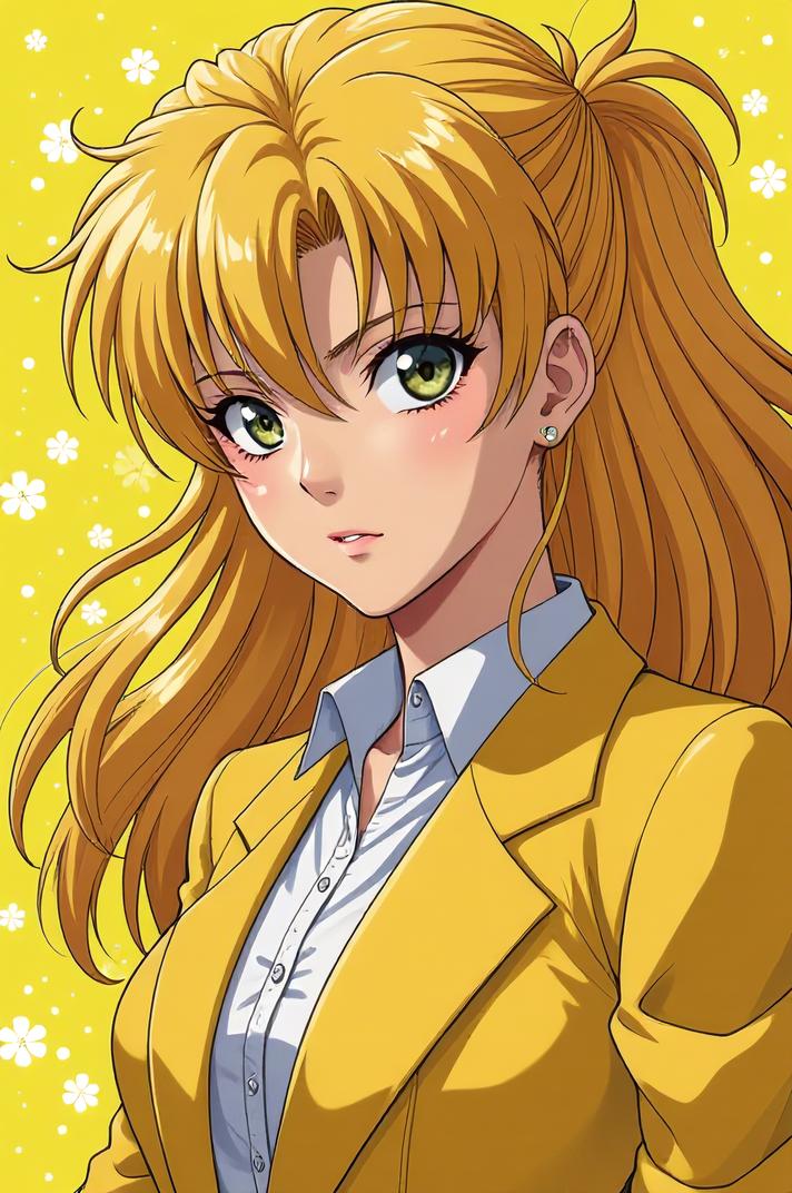 Anime style s Eurasier from Kill Bill universe, Over Eye Curly lemon hair, spring, from above shot