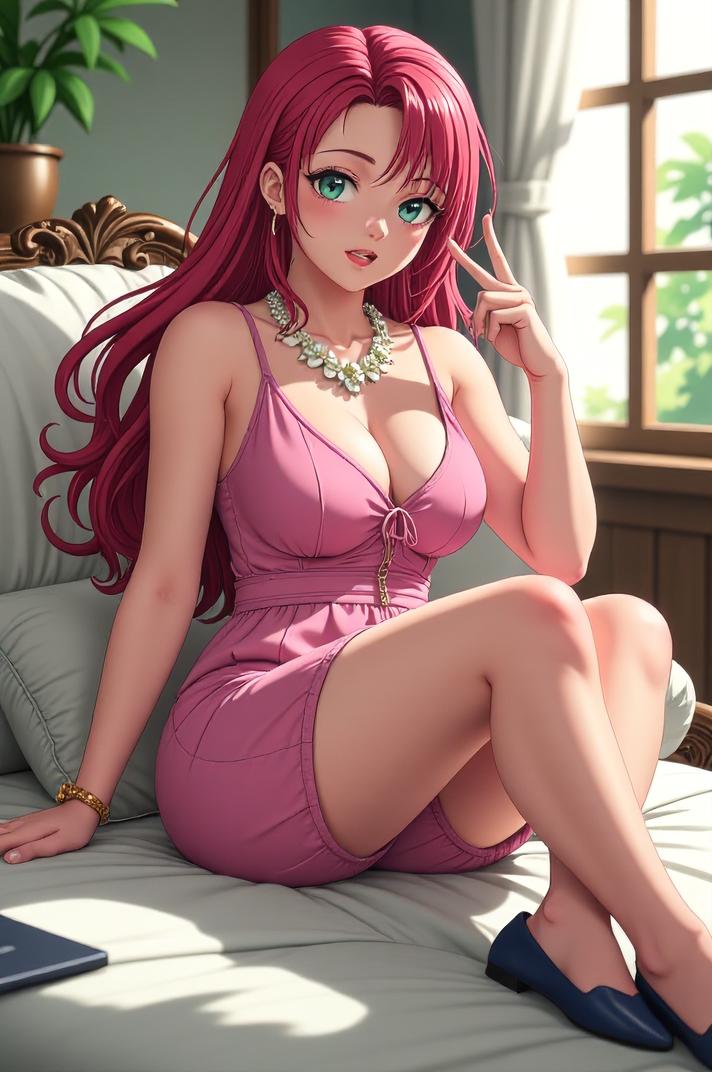 anime style masterpiece,best quality , Left Parting cerise hair, summer