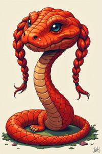 Anime style s Red Diamondback Rattlesnake from South Park universe, Cornrows pumpkin hair, summer, Front side back three views shot