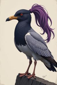 Anime style s Ring billed Gull from Blade Runner universe, Pony Tail amethyst hair, spring, full body shot