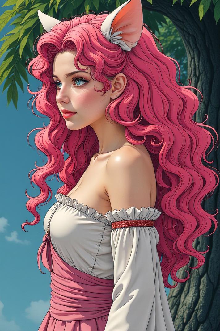 Anime style s Honduran White Bat from Lord of the Rings universe, Long Curly cerise hair, spring, Front side back three views shot