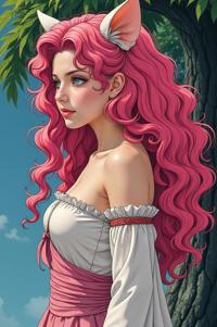 Anime style s Honduran White Bat from Lord of the Rings universe, Long Curly cerise hair, spring, Front side back three views shot