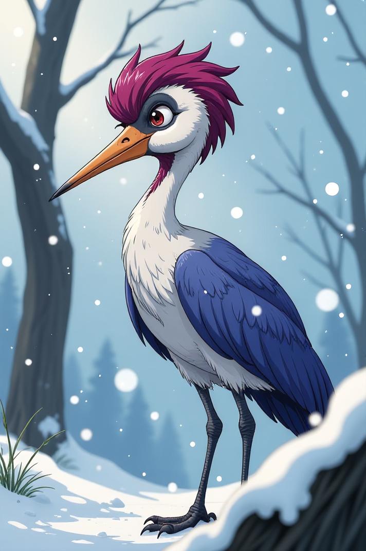 Anime style s Sandhill Crane from Pixar universe, Left Parting royal purple hair, winter, low angle shot