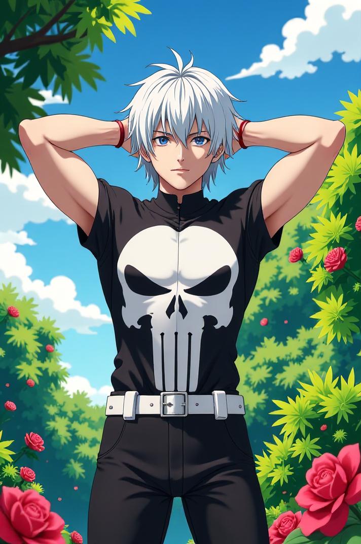asian anime style marvel Punisher masterpiece,best quality , asian anime, Bob navajo white hair