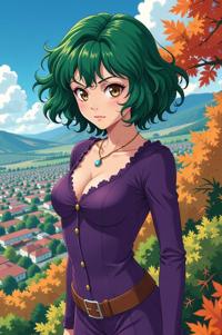 anime style masterpiece,best quality , Bob Curly jade hair, autumn