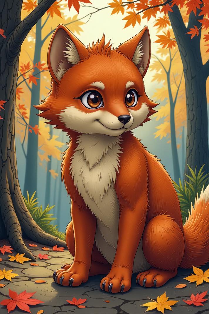 Anime style s Coati from Marvel universe, Over Left Eye russet hair, autumn, ground level shot