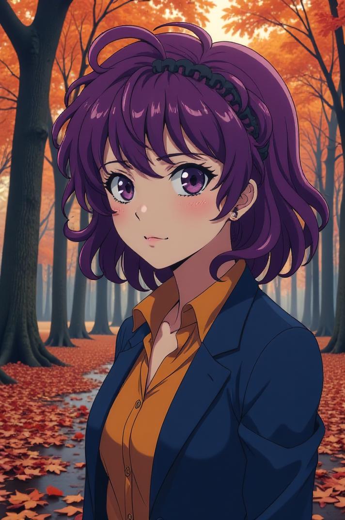 Anime style s Beagador from Blade Runner universe, Top Curls purple hair, autumn, ground level shot