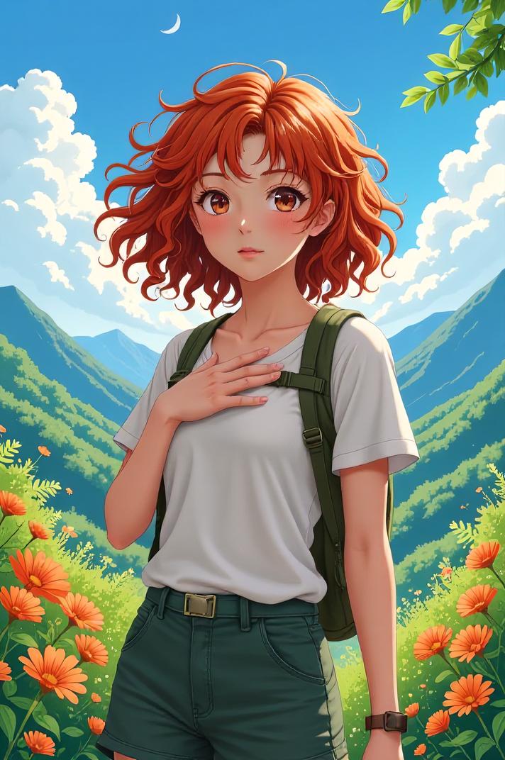 anime style masterpiece,best quality , Rachel Curly persimmon hair, summer
