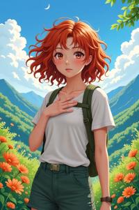 anime style masterpiece,best quality , Rachel Curly persimmon hair, summer