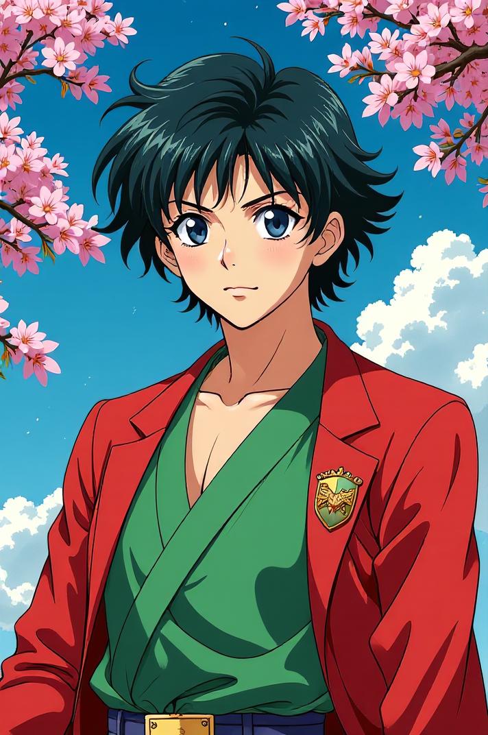 Anime style s Shikoku from DC Comics universe, Bob heliotrope hair, spring, from above shot