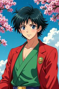 Anime style s Shikoku from DC Comics universe, Bob heliotrope hair, spring, from above shot