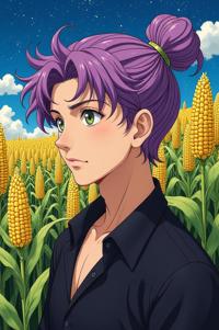 Anime style s European Corn Borer from Man in black universe, Bun Curly lavender hair, summer, shoulder level shot