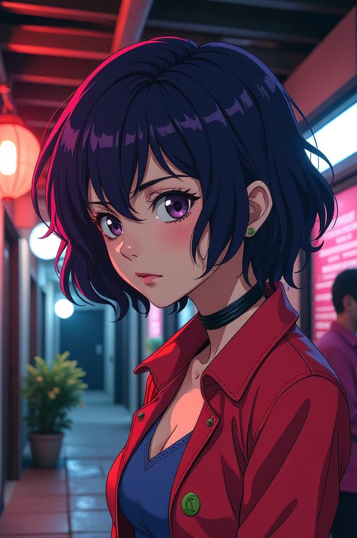 Anime style s Glowworm from Blade Runner universe, Bob Curly eggplant hair, spring, shoulder level shot