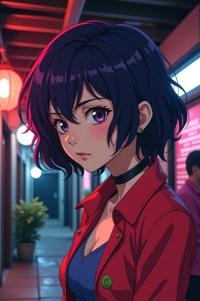 Anime style s Glowworm from Blade Runner universe, Bob Curly eggplant hair, spring, shoulder level shot