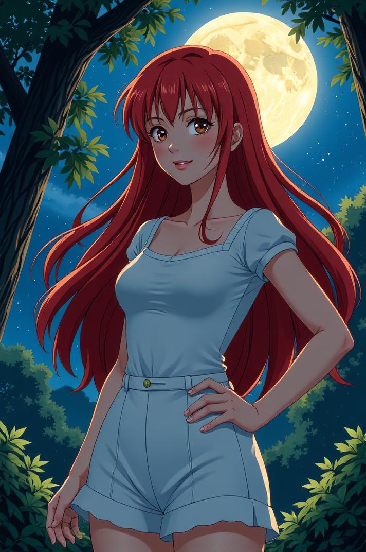 anime style masterpiece,best quality , Long cinnabar hair, summer