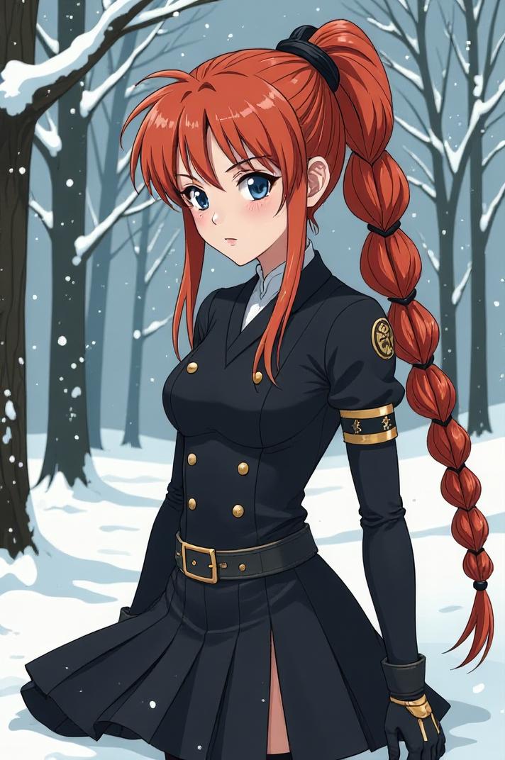 Anime style s Black and White Warbler from Avatar universe, Pony Tail Braids terra cotta hair, winter, knee level shot