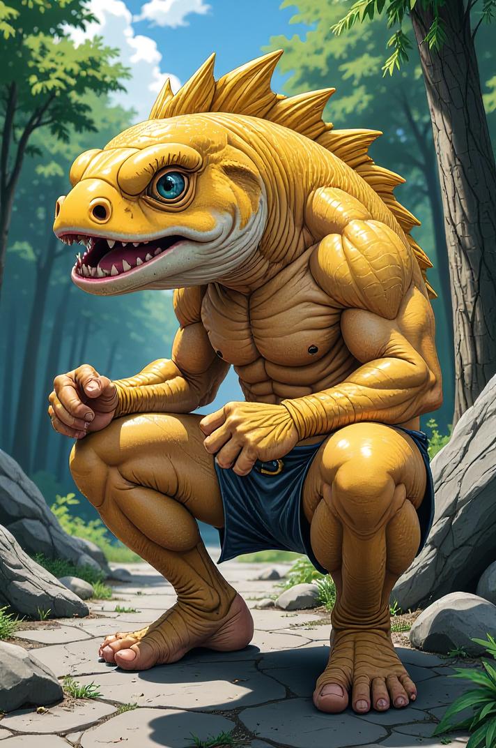 Anime style s Stonefish from Mortal kombat universe, Crew Cut school bus yellow hair, summer, ground level shot