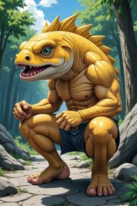 Anime style s Stonefish from Mortal kombat universe, Crew Cut school bus yellow hair, summer, ground level shot