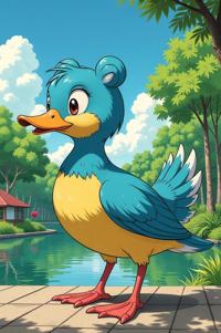 Anime style s Fulvous Whistling Duck from Narcos universe, Bun Curly robin egg blue hair, summer, perspective shot