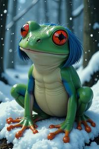 Anime style s Frog from Resident evil universe, Bob steel blue hair, winter, high angle shot