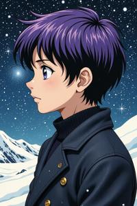Anime style s Leptocephalus from Man in black universe, Over Eye periwinkle hair, winter, Front side back three views shot