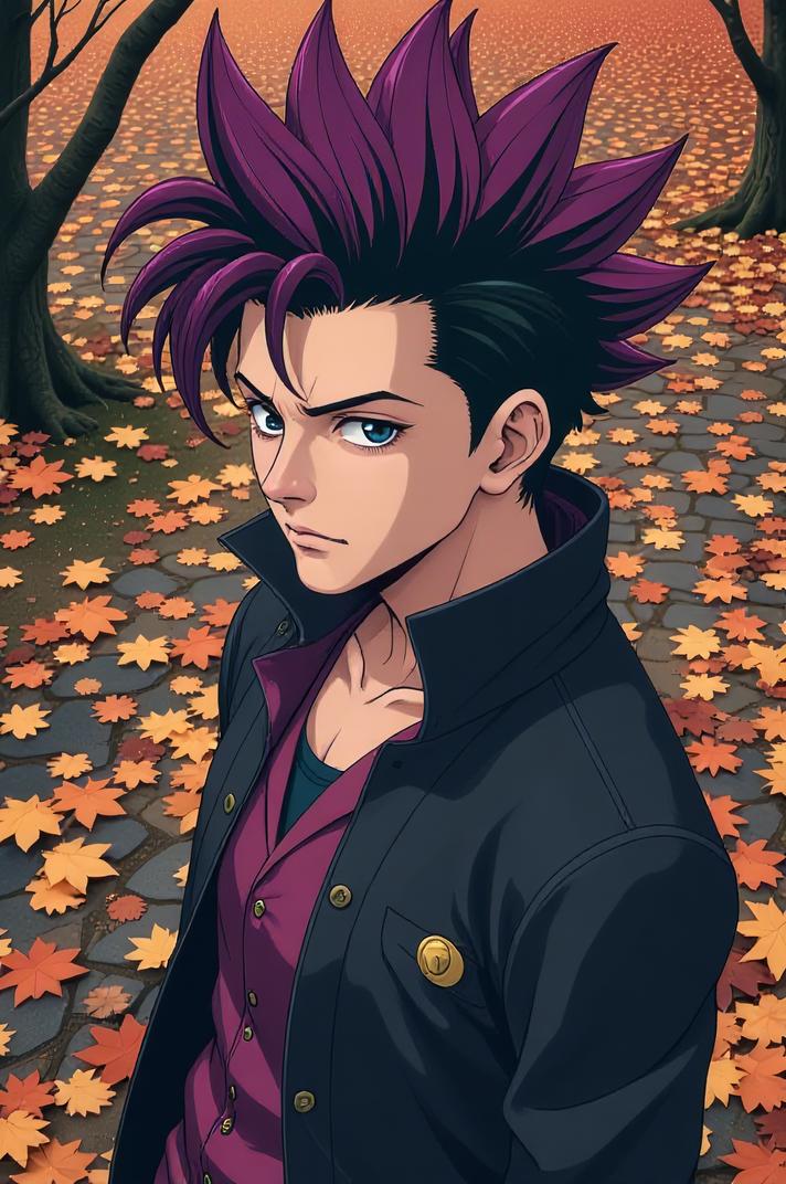 Anime style s Oribi from The Dark Tower universe, Mohawk Flat eggplant hair, autumn, from above shot