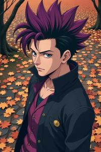Anime style s Oribi from The Dark Tower universe, Mohawk Flat eggplant hair, autumn, from above shot
