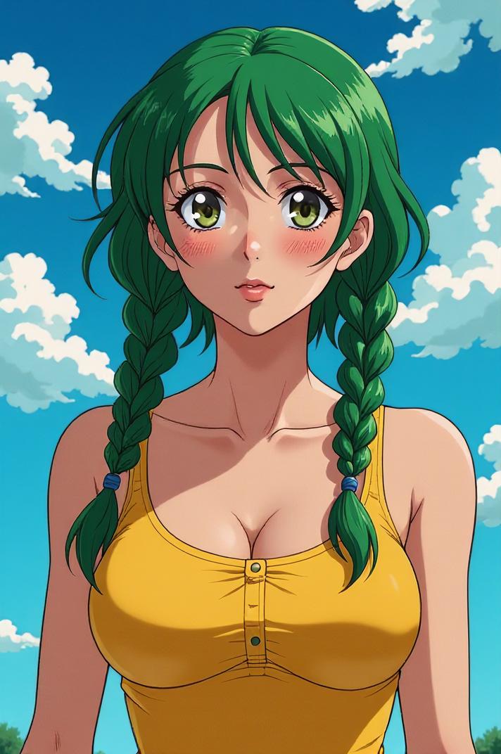Anime style s Kentucky Warbler from Terminator universe, Braids malachite hair, summer, low angle shot