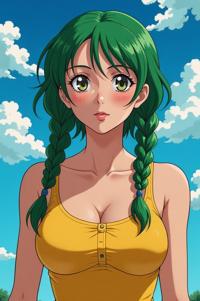 Anime style s Kentucky Warbler from Terminator universe, Braids malachite hair, summer, low angle shot