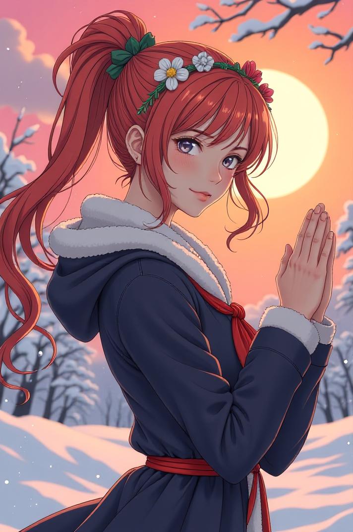 anime style masterpiece,best quality , Pulled Back coral hair, winter