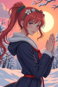 anime style masterpiece,best quality , Pulled Back coral hair, winter